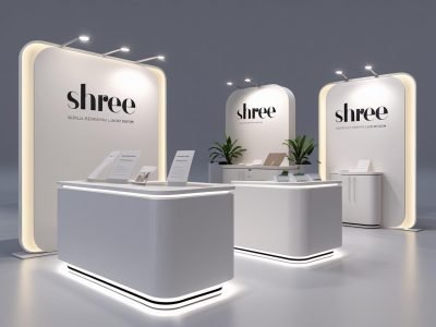 Modern exhibition booth setup with branded backdrops and counters” write shree sign graphics